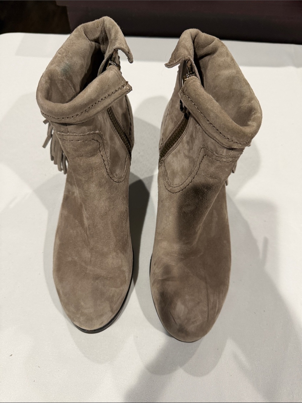 Sam Edelman Taupe Suede Fringe Ankle Booties